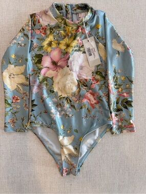 Zimmermann Blue Floral Long-Sleeve One-Piece Bodysuit NEW WITH TAGS